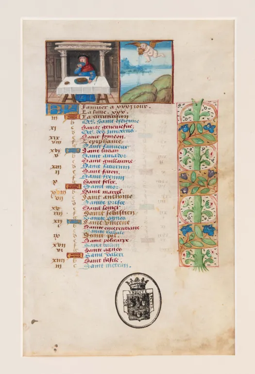 Illuminated calendar leaf on vellum for January/February from a Book of Hours. Central France (Bourges or Tours?), c.