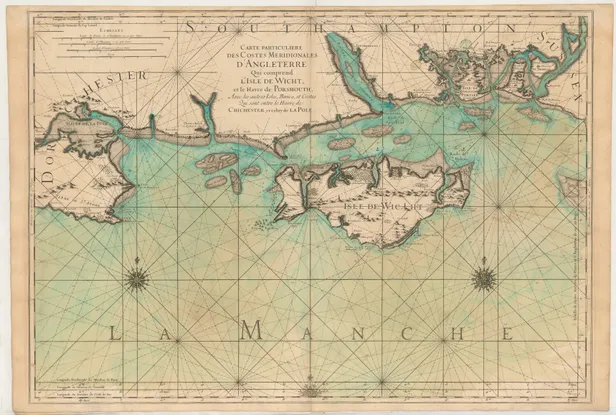 Carte Particuliere des Costes Meridionales d'Angleterre qui comprend l'Isle de Wicht, et le Havre de Portsmouth, avec les autres Isles, Bancs et Costes qui sont entre le Havre de Chichester, et celuy de Pole.