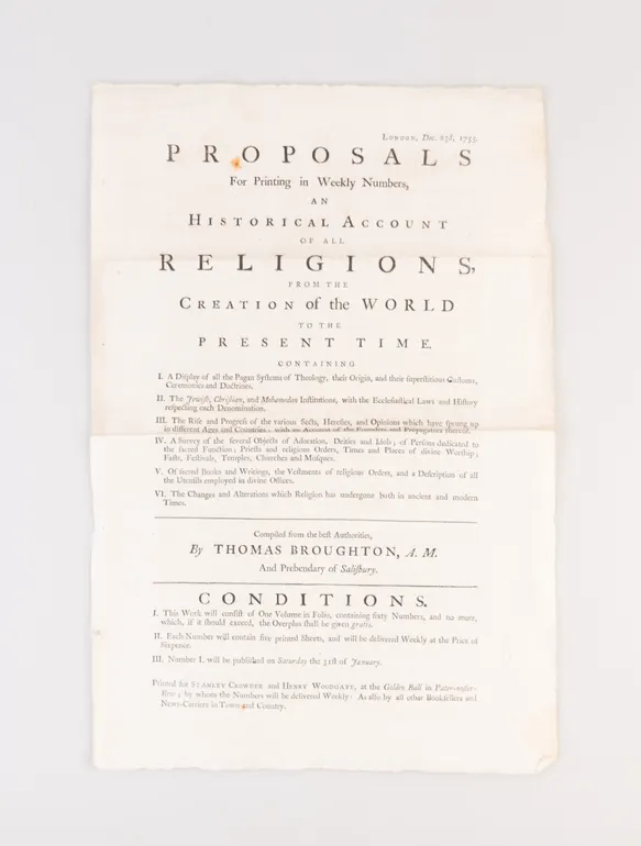 Proposals for Printing in Weekly Numbers, an Historical Account of all Religions, from the Creation of the World to the Present Time.