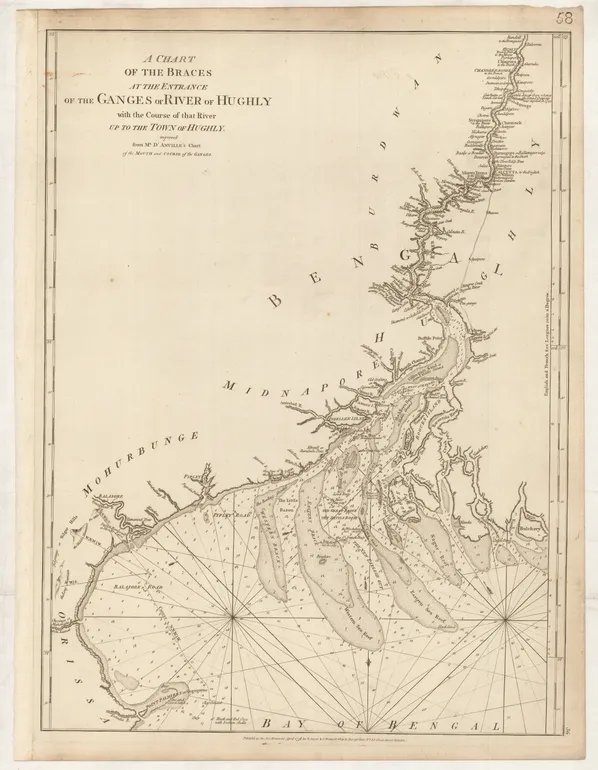 A Chart of the Braces at the Entrance of the Ganges or River of Hughly with the Course of that River up to the Town of Hughly, improved from Mr. D'Anville's Chart ...