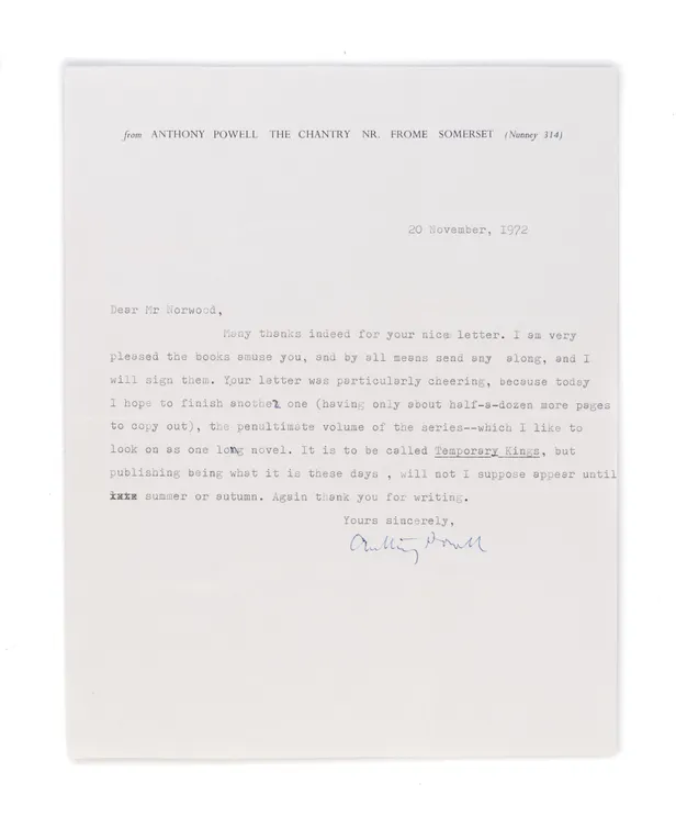 Typed letter Signed ('Anthony Powell') to a Mr. Norwood, about his novel Temporary Kings (1973),