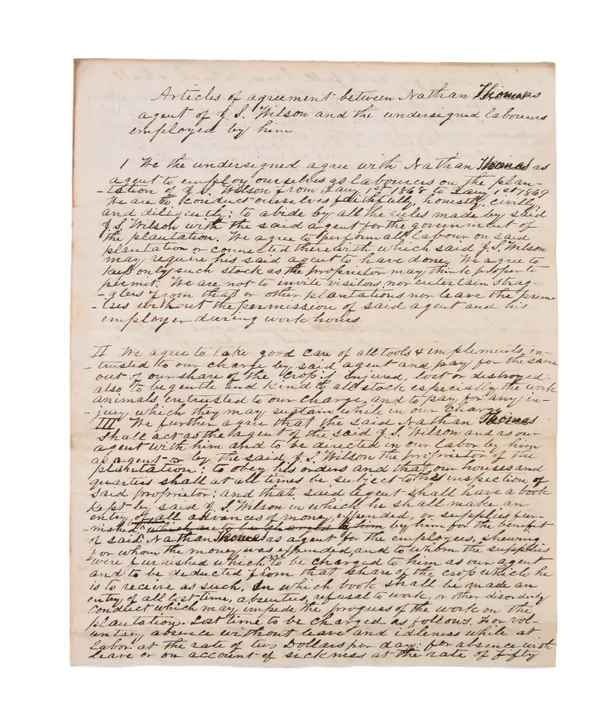 Articles of Agreement between Nathan Thomas Agent of J.S. Wilson and the Undersigned Labourers Employed by Him ...