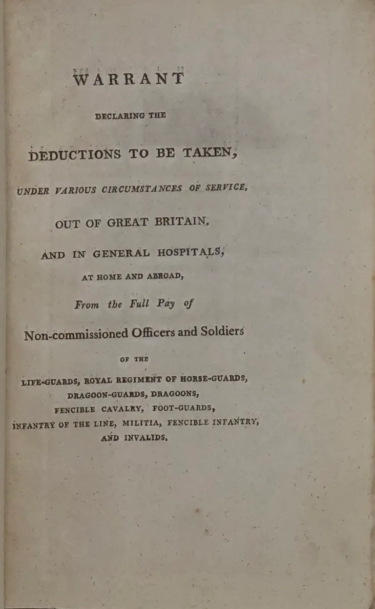 Warrant declaring the Deductions to be taken, under Various Circumstances of Service, out of Great Britain,