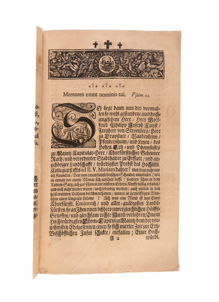 A fine Sammelband of 47 funeral orations, mostly of high ranking members of the clergy in Southern Germany, Emperors and local secular rulers.   
Würzburg etc., from 1694.