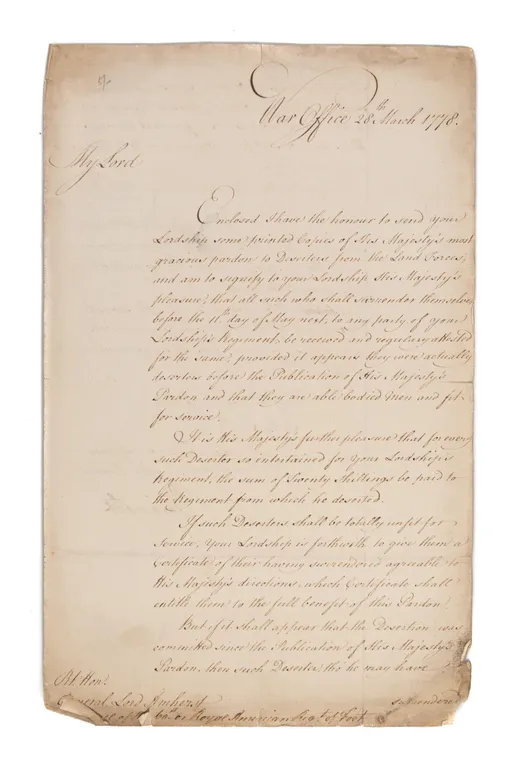 Letter signed to General Amherst regarding deserters