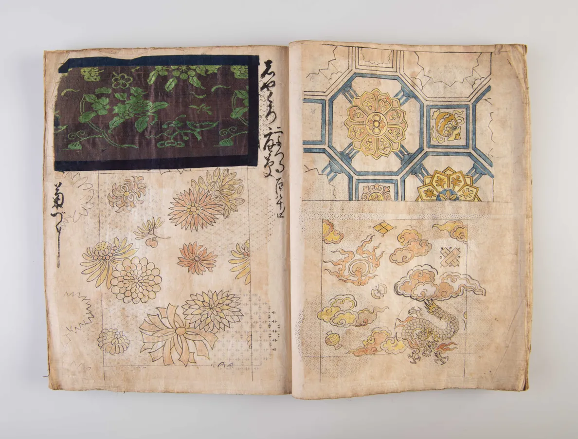 A collection of three weaving pattern scrapbooks, including Orimono kodai zu [Album of antique woven textile designs]