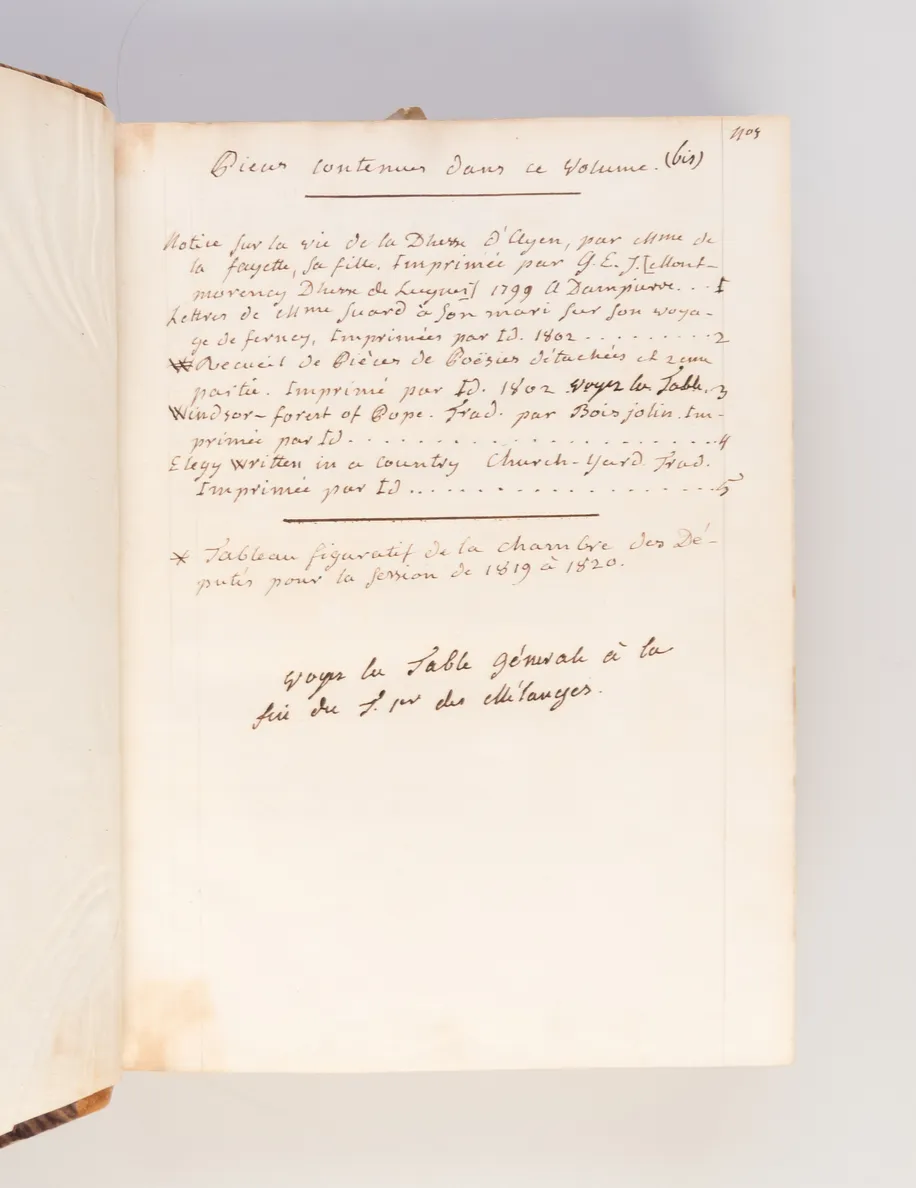 Bound volume of five works printed by Guyonne-Elisabeth-Josephe de Montmorency-Laval, Duchesse de Luynes on her private press, including a rare translation of Thomas Gray's Elegy in a Country Church-Yard and Alexander Pope's Windsor Forest.