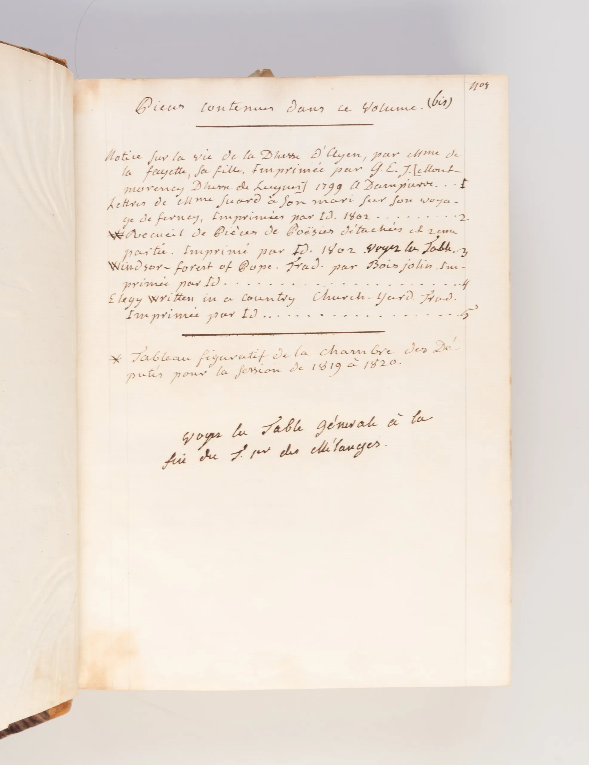 Bound volume of five works printed by Guyonne-Elisabeth-Josephe de Montmorency-Laval, Duchesse de Luynes on her private press, including a rare translation of Thomas Gray's Elegy in a Country Church-Yard and Alexander Pope's Windsor Forest.
