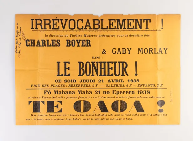Irrevocablement! La Direction du Theatre Moderne Presentera pour la Derniere fois Charles Boyer & Gaby Morlay dans: LE BONHEUR! ce soir jeudi 21 Avril 1938.