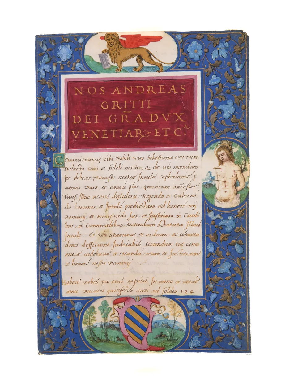 Frontispiece to a Ducale, issued by the Doge of Venice, Andreas Gritti. Venice, c. 1523-