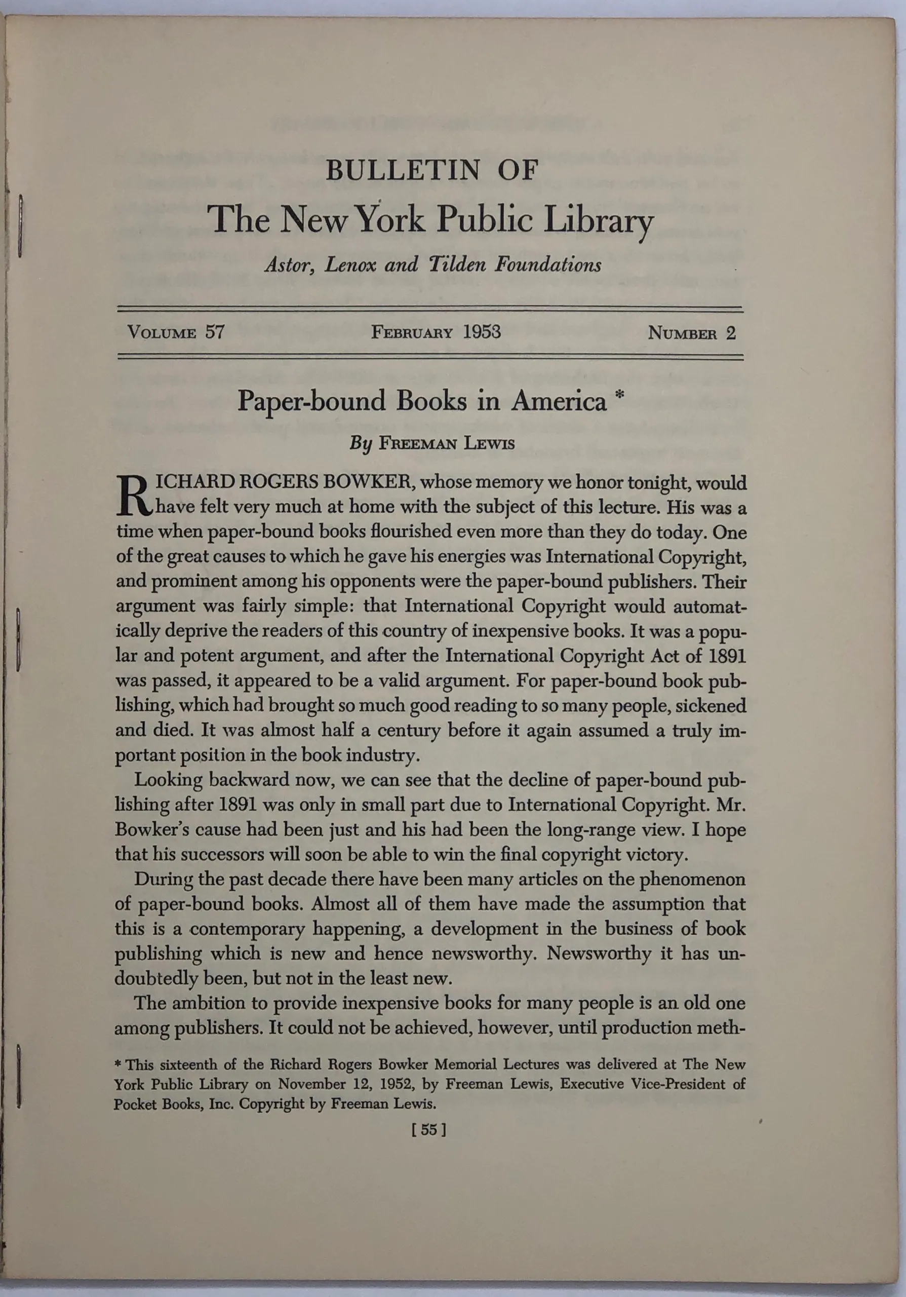 Bulletin of the New York Public Library. Volume 57, Number 1 and 2.