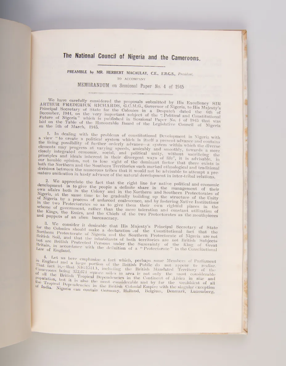 Political and Constitutional Future of Nigeria: Governor of Nigeria's Despatch to the Secretary of State for the Colonies dated the 6th December, 1944. and the Memorandum on the New Constitution for Nigeria Prepared by the National Council of Nigeria and 