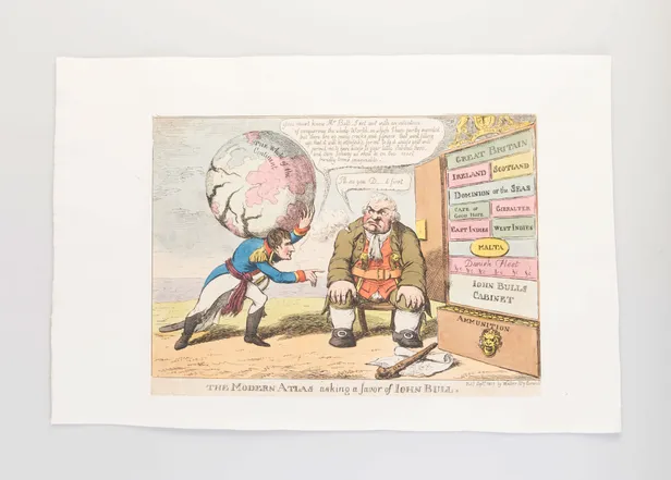 Modern Atlas asking a favour of John Bull.