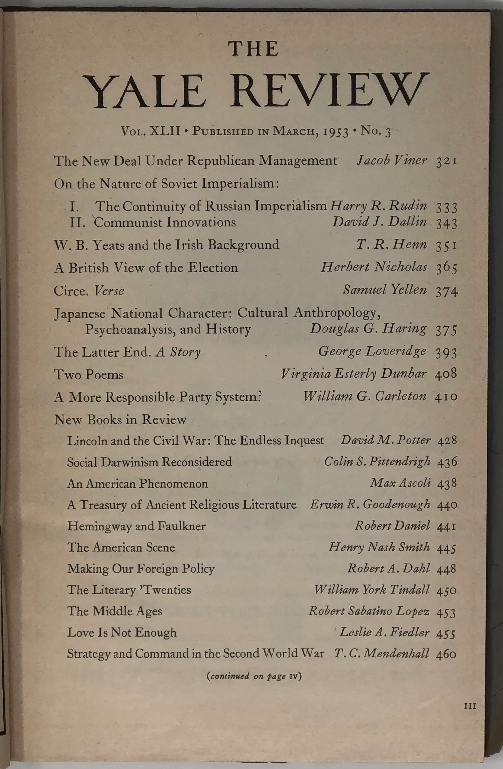 W.B. Yeats and the Irish Background. [in] The Yale Review. Volume XLII, No. 3.