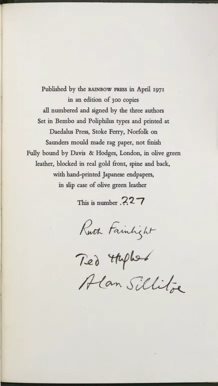 Poems by Ruth Fainlight, Ted Hughes and Alan Sillitoe.