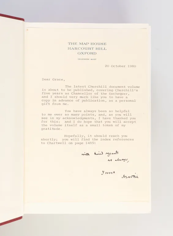 Winston S. Churchill. (1874-1965). Companion Volume V, Part 1: The Exchequer Years 1922-1929. [with:] Typed Letter Signed ('Martin') to Grace Hamblin ('Dear Grace').