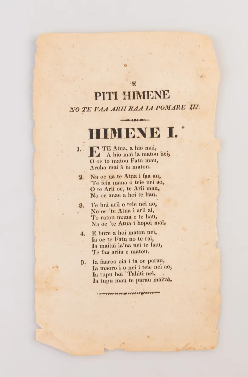 E Piti Himene no te faa Arii Raa Ia Pomare III … Himene I and Himene II [Two Songs for the King of Pomare III ... Song I and Song II].