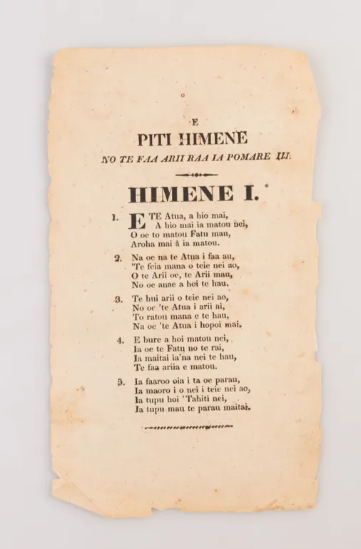 E Piti Himene no te faa Arii Raa Ia Pomare III … Himene I and Himene II [Two Songs for the King of Pomare III ... Song I and Song II].
