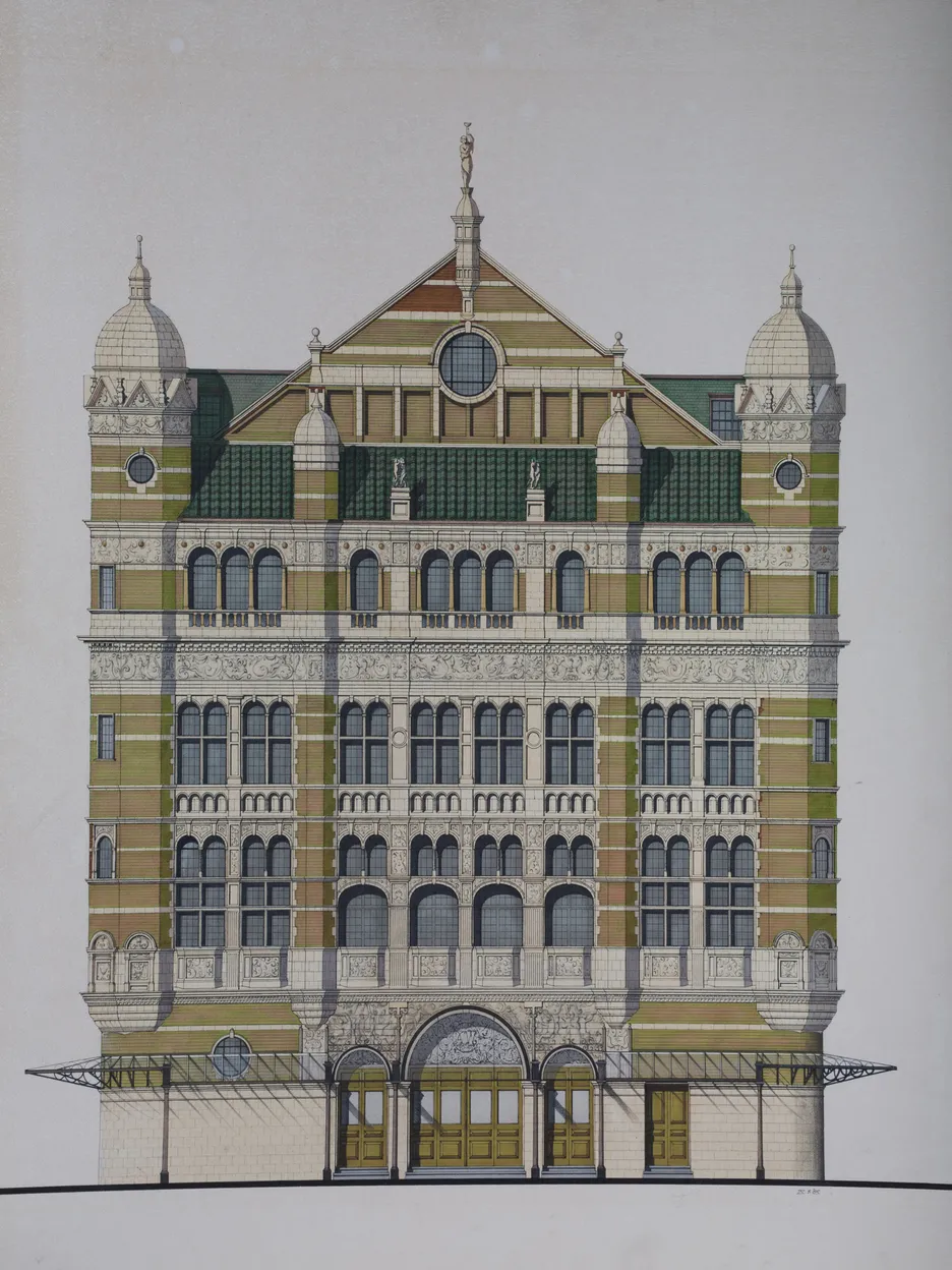 Original drawing, architectural rendering of the front elevation of the Palace Theatre, Cambridge Circus London.