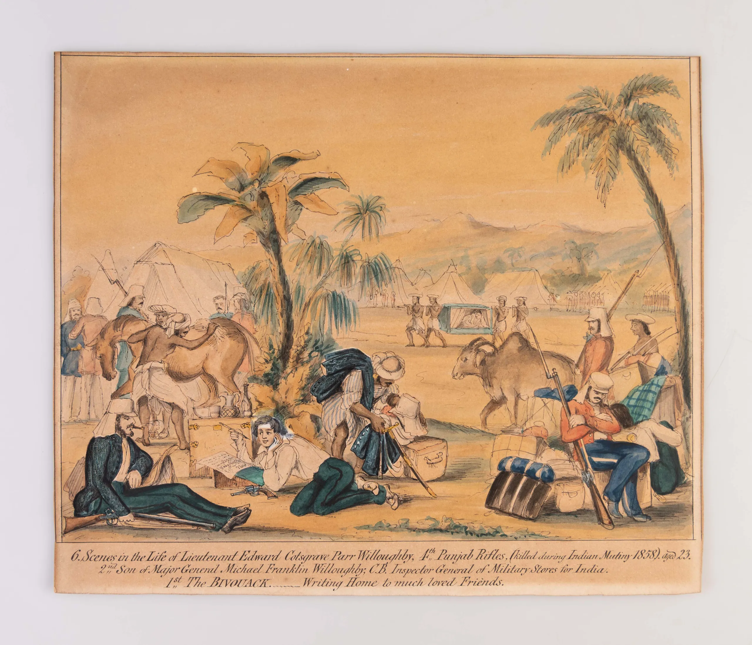 [Six] Scenes in the Life of Lieutenant Edward Cotsgrave Parr Willoughby, 4th Punjab Rifles, (killed during Indian Mutiny 1858). aged 23. 2nd Son of Major General Michael Franklin Willoughby, C.B. Inspector General of Military Stores for India.
