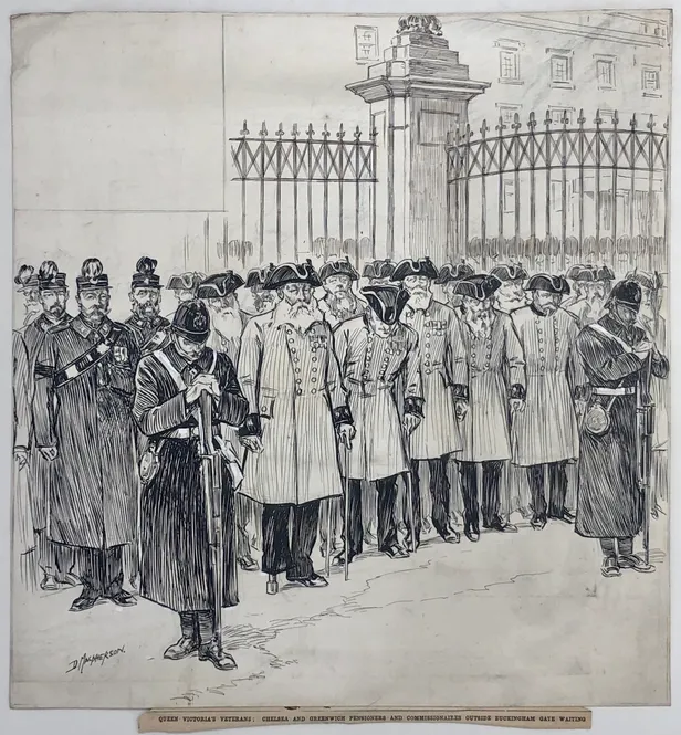 Queen Victoria's Veterans: Chelsea and Greenwich Pensioners and Commissionaires outside Buckingham Gate waiting for the Funeral Procession to pass.