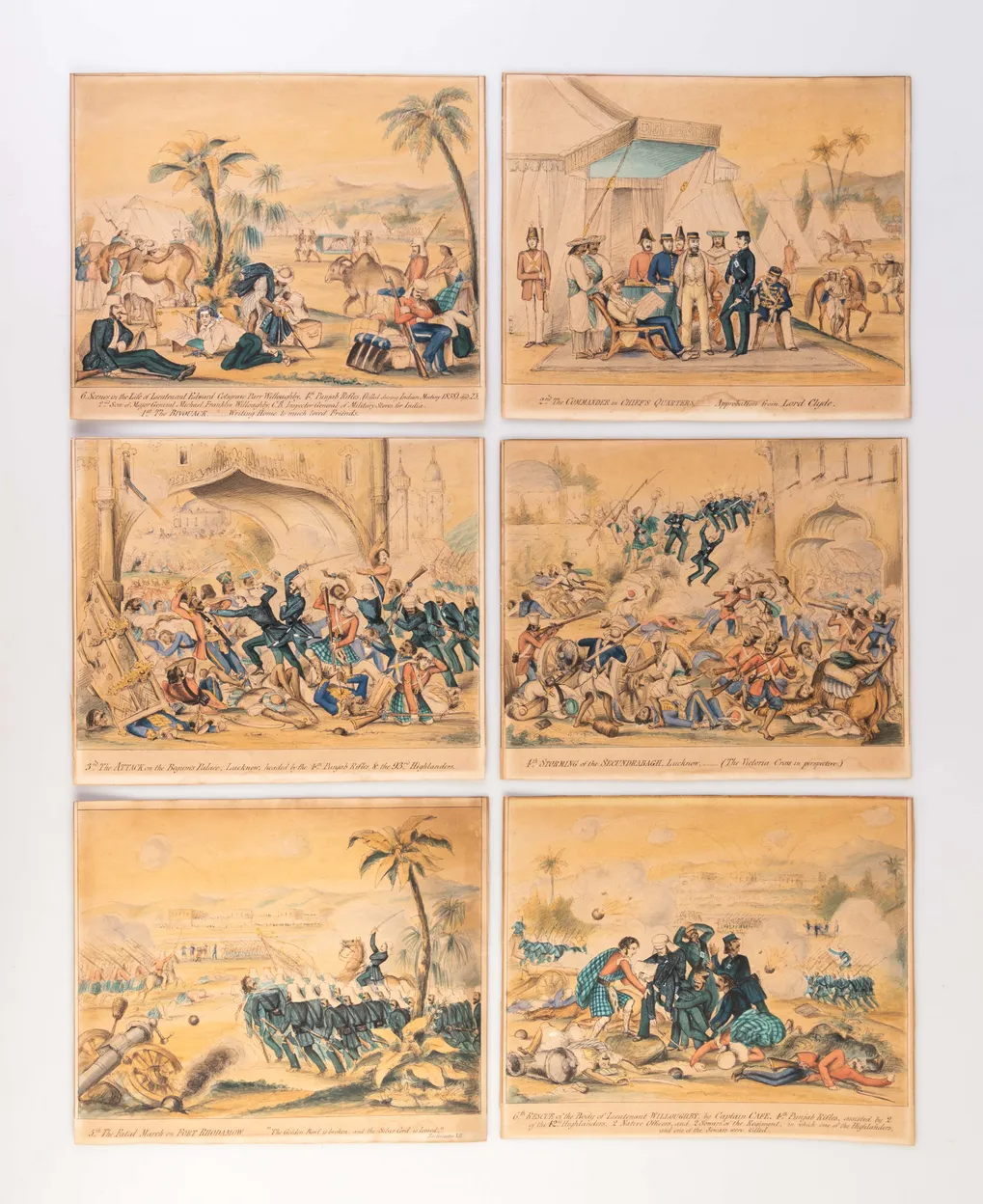 [Six] Scenes in the Life of Lieutenant Edward Cotsgrave Parr Willoughby, 4th Punjab Rifles, (killed during Indian Mutiny 1858). aged 23. 2nd Son of Major General Michael Franklin Willoughby, C.B. Inspector General of Military Stores for India.