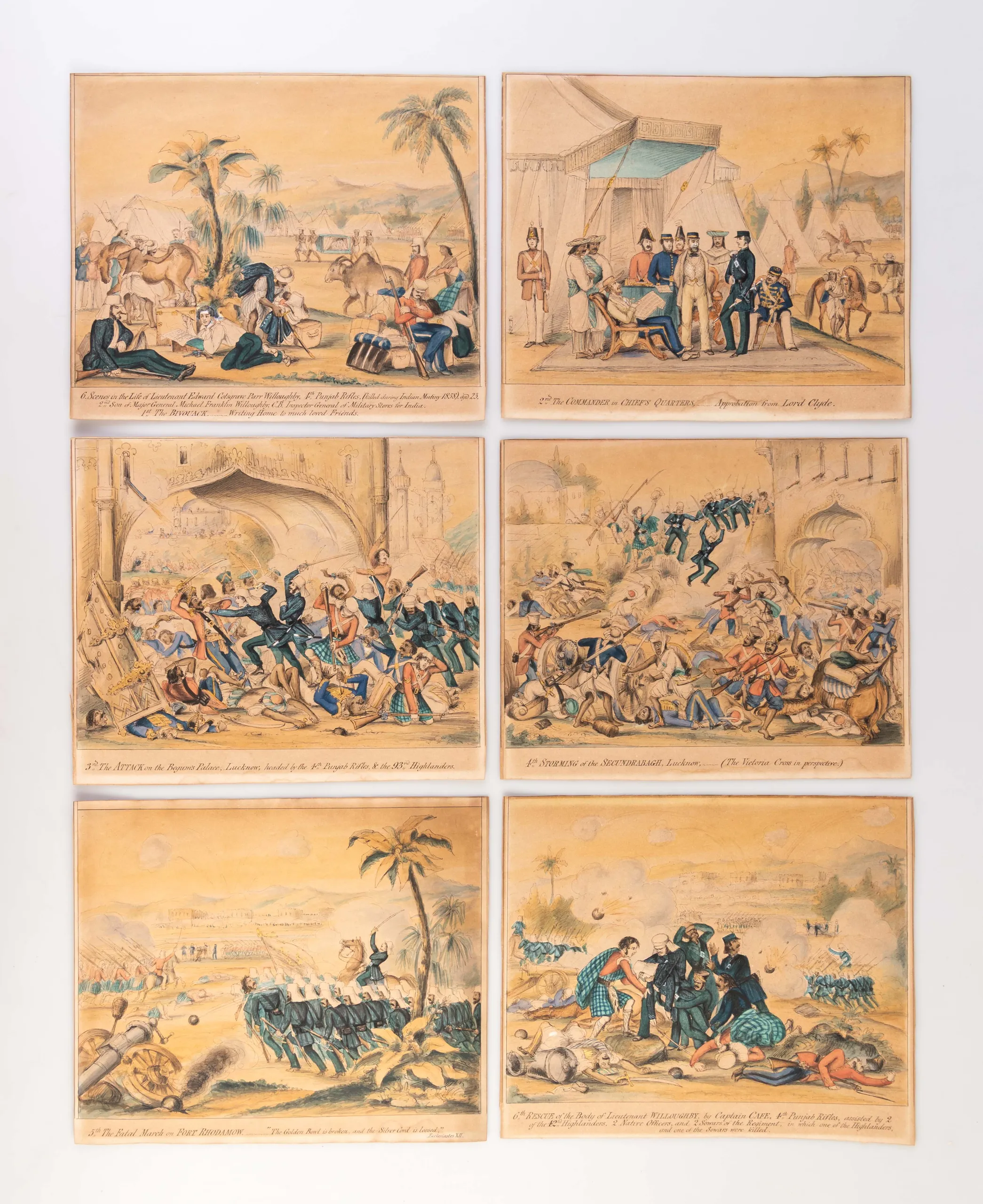 [Six] Scenes in the Life of Lieutenant Edward Cotsgrave Parr Willoughby, 4th Punjab Rifles, (killed during Indian Mutiny 1858). aged 23. 2nd Son of Major General Michael Franklin Willoughby, C.B. Inspector General of Military Stores for India.
