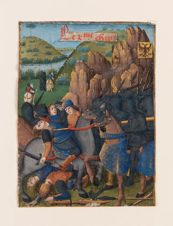 The Battle of Ibera at which the Romans defeated Hasdrubal, a miniature from the Romuléon, illuminated manuscript on vellum.
 [Eastern France, c. 1480]