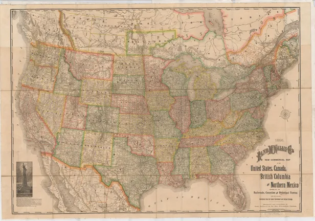 1891. Rand, McNally and Co.'s new commercial map of the United States, Canada, British Columbia and Northern Mexico showing all the railroads, counties and principal towns : up to date, constructed from the latest government and railroad surveys ...