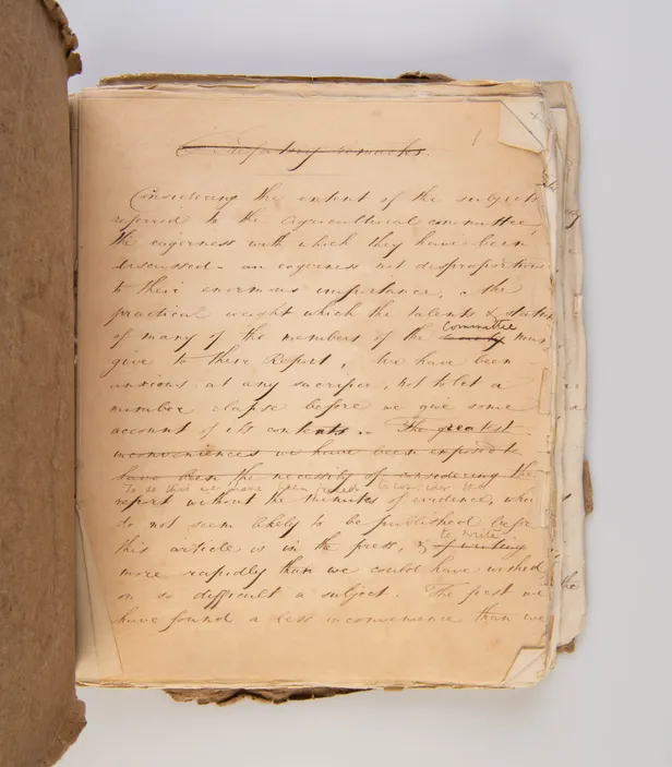 Original scribal manuscript draft, with numerous manuscript corrections, of Senior's 'Report - On the State of Agriculture'. Published anonymously in the Quarterly Review (July 1821), pp. 467-504.