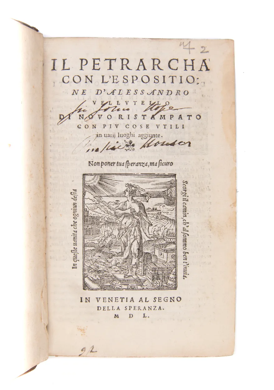 Il Petrarcha, con l'espositione d'Alessandro Vellutello; di novo ristampato con piu cose utili in varii luoghi aggiunte.
 
Venice, 'al segno della speranza', 1550.