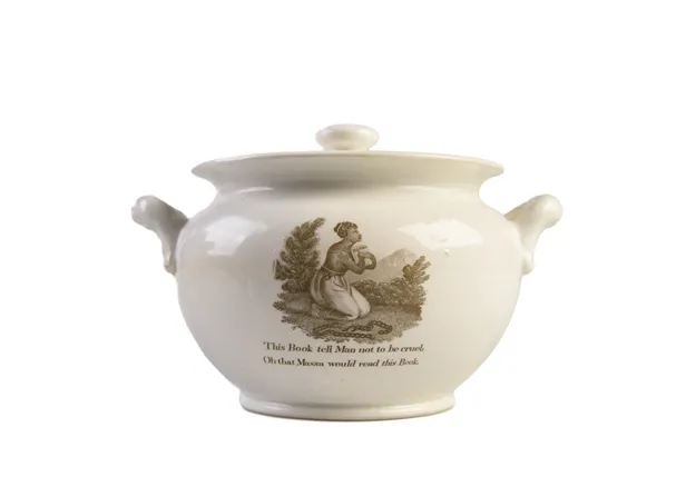 [Transferware sugar bowl with abolitionist vignettes.]