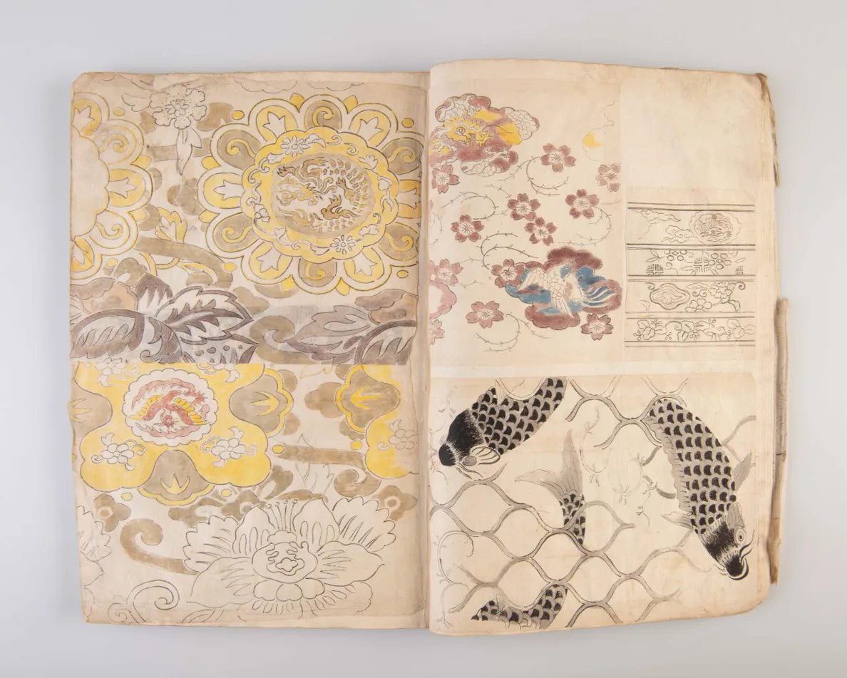 A collection of three weaving pattern scrapbooks, including Orimono kodai zu [Album of antique woven textile designs]