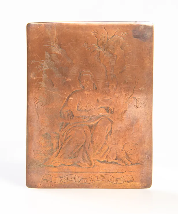 Engraved copper plate for a devotional image of St Genevieve of Paris.