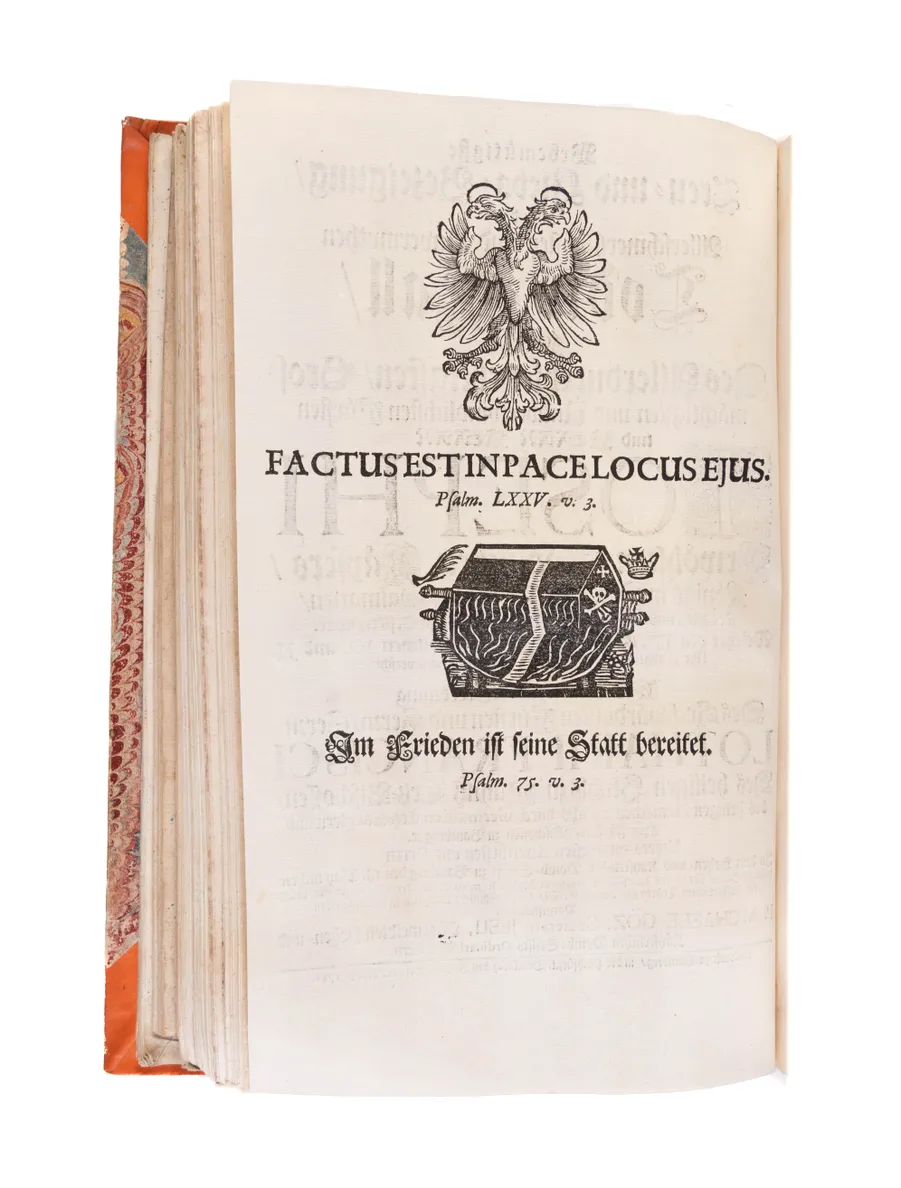 A fine Sammelband of 47 funeral orations, mostly of high ranking members of the clergy in Southern Germany, Emperors and local secular rulers.   
Würzburg etc., from 1694.
