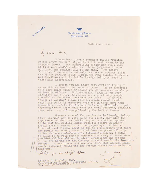 Typed Letter Signed with initials, addressed to 'CHAIRMAN OF THE PARTY', (Lord Woolton).