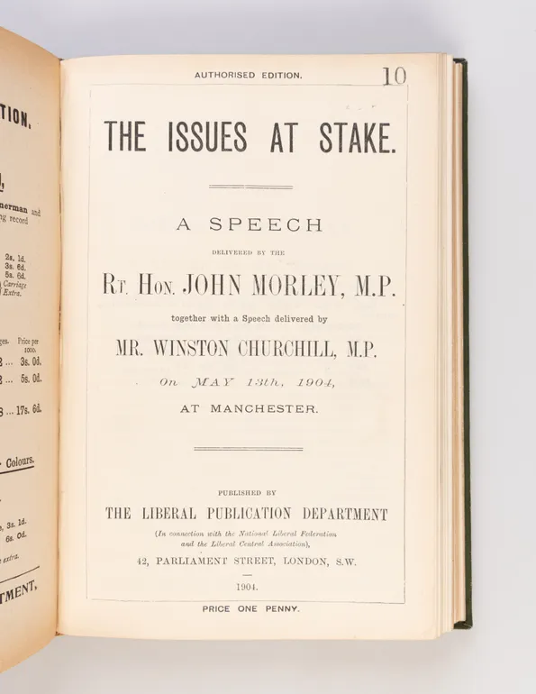 'The Issue at Stake' and 'Winston Churchill on the Aliens Bill'. [in: Pamphlets and Leaflets for 1904. Being the Publications for the Year of the Liberal Publication Department.]