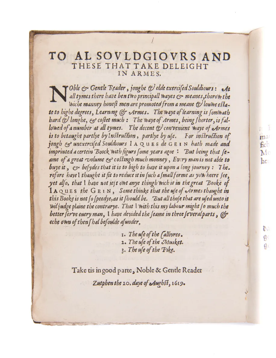 Maniement d'armes d'arquebuses, mousquets, & picques Selon l'ordre de monseig. le Prince Maurice, Pr. d'Orange, Comte de Nassau...Wapen-handelinghe van roers, musquetten, en spiessen... The exercise of armes for calivres, muskettes, and pikes... Waffen ha
