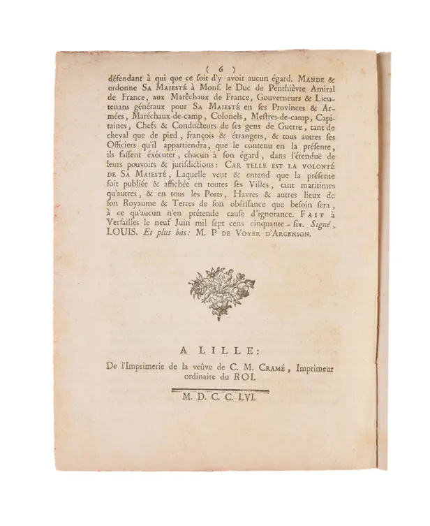 Ordonnance du roi, Portant la déclaration de Guerre contre le Roi d'Angleterre. Du 9 Juin 1756.