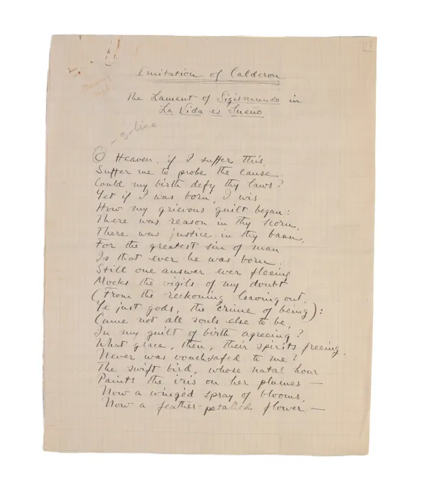Autograph Manuscript, 'Imitation of Calderon. The Lament of Sigismundo La Vida es Sueño', signed 'G. Santayana'.