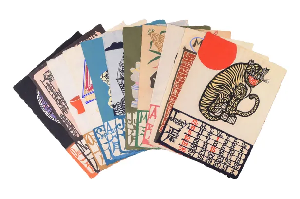 Hinoe tora goshi ginka kana tsuguru ban katazome egoyomi [Stencil-dyed calendar for the year of the tiger]