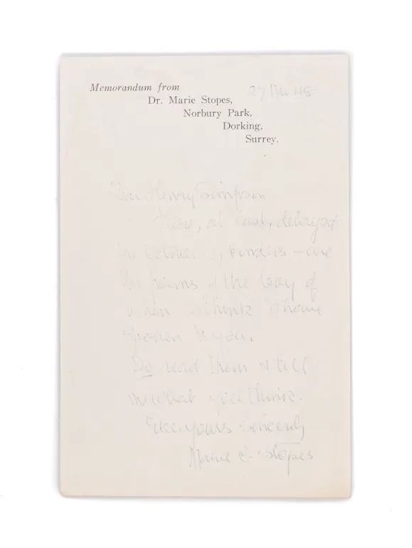 Autograph Letter Signed (“Marie C. Stopes”) to Henry Simpson [banker and poet, and President of the Poets Club],