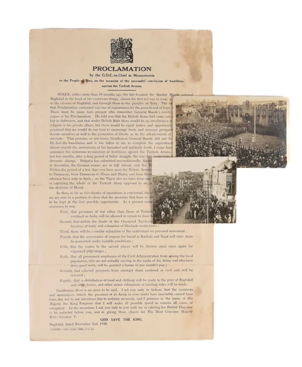 Proclamation by the G.O.C.-in-Chief in Mesopotamia to the People of 'Iraq, on the occasion of the successful conclusion of hostilities against the Turkish Armies.