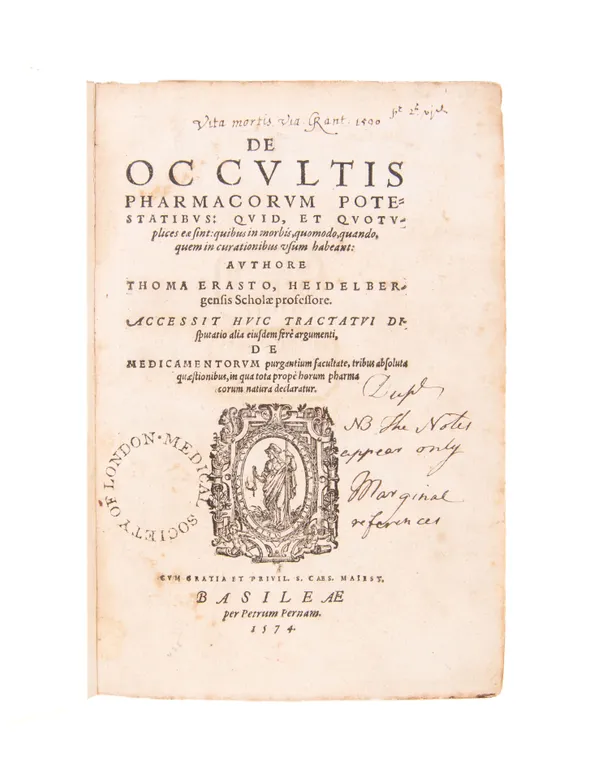 De occultis pharmacorum potestibus.
Basle, Pietro Perna, 1574