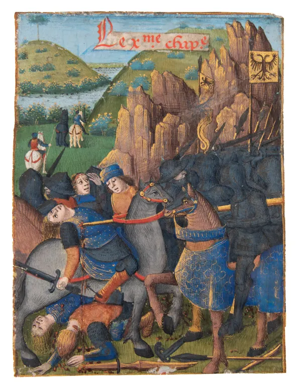 The Battle of Ibera at which the Romans defeated Hasdrubal, a miniature from the Romuléon, illuminated manuscript on vellum.
 [Eastern France, c. 1480]