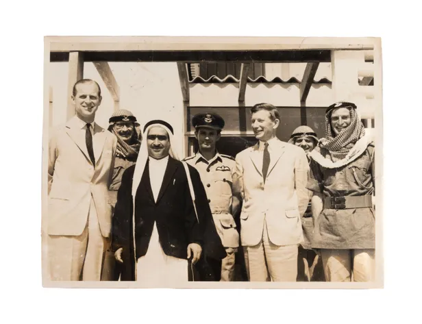 Press photo of the ruler of Sharjah Sultan Saqr bin Sultan Al Qasimi with HRH Prince Philip and British officials.