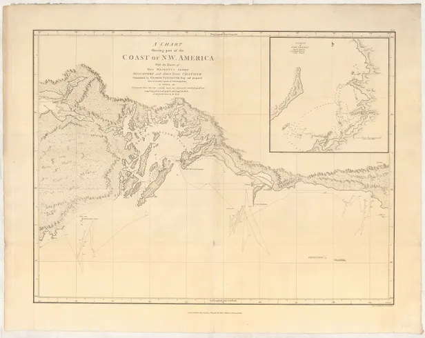 A Chart shewing part of the Coast of N.W. America, with the Tracks of His Majesty's Sloop Discovery and Armed Tender Chatham; Commanded by George Vancouver Esqr. and prepared under his immediate inspection by Lieut. Joseph Baker, in which the Continental 