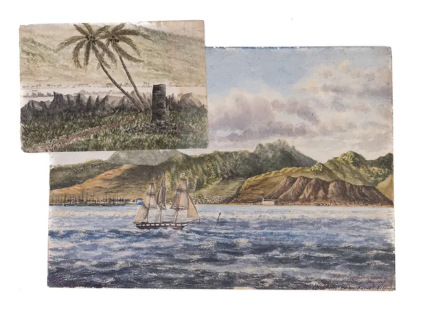 HMS Calypso hove to for a Pilot outside the reef. Honolulu, Oahu Sandwich Islands.