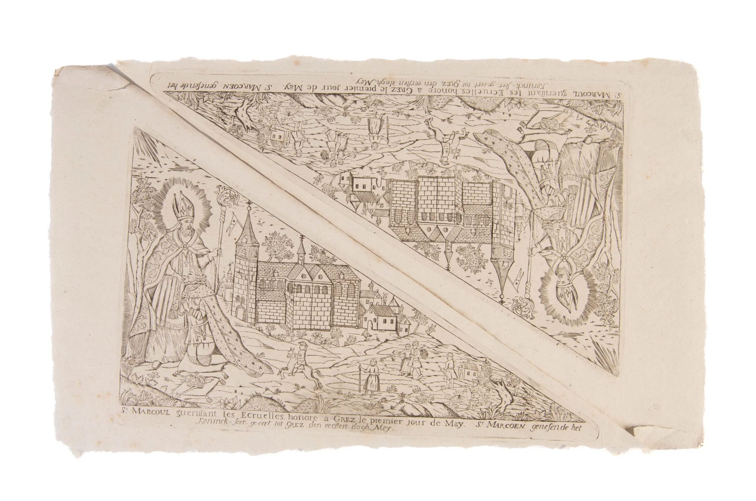 St Marcoul guerissant les Ecruelles honore a Grez le premier jour de May. St. Marcoen genesen de het Koninck-seer ge-eert tot Grez den eersten dagh Mey.