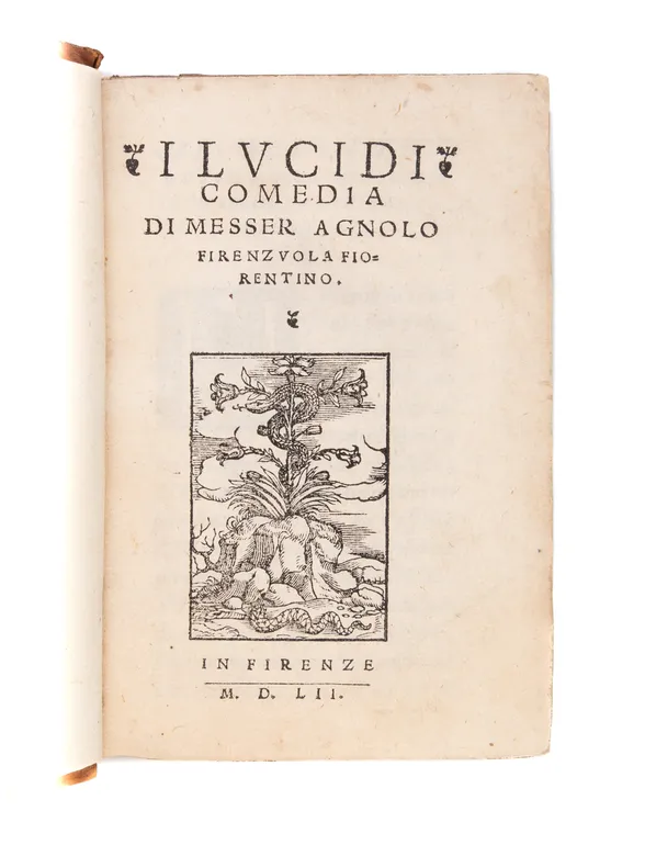 FIRENZUOLA (Agnolo). I lucidi. Florence, 1552.
[Bound with]:DOLCE (Lodovico). Il ragazzo. Venice, Francesco detto lo Imperador, 1559.
[And]: PINO DA CAGLI (Bernardino). Gli ingiusti sdegni. Venice, Domenico Farri, 1563.
[And]: SECCHI (Nicolo). L'interesse